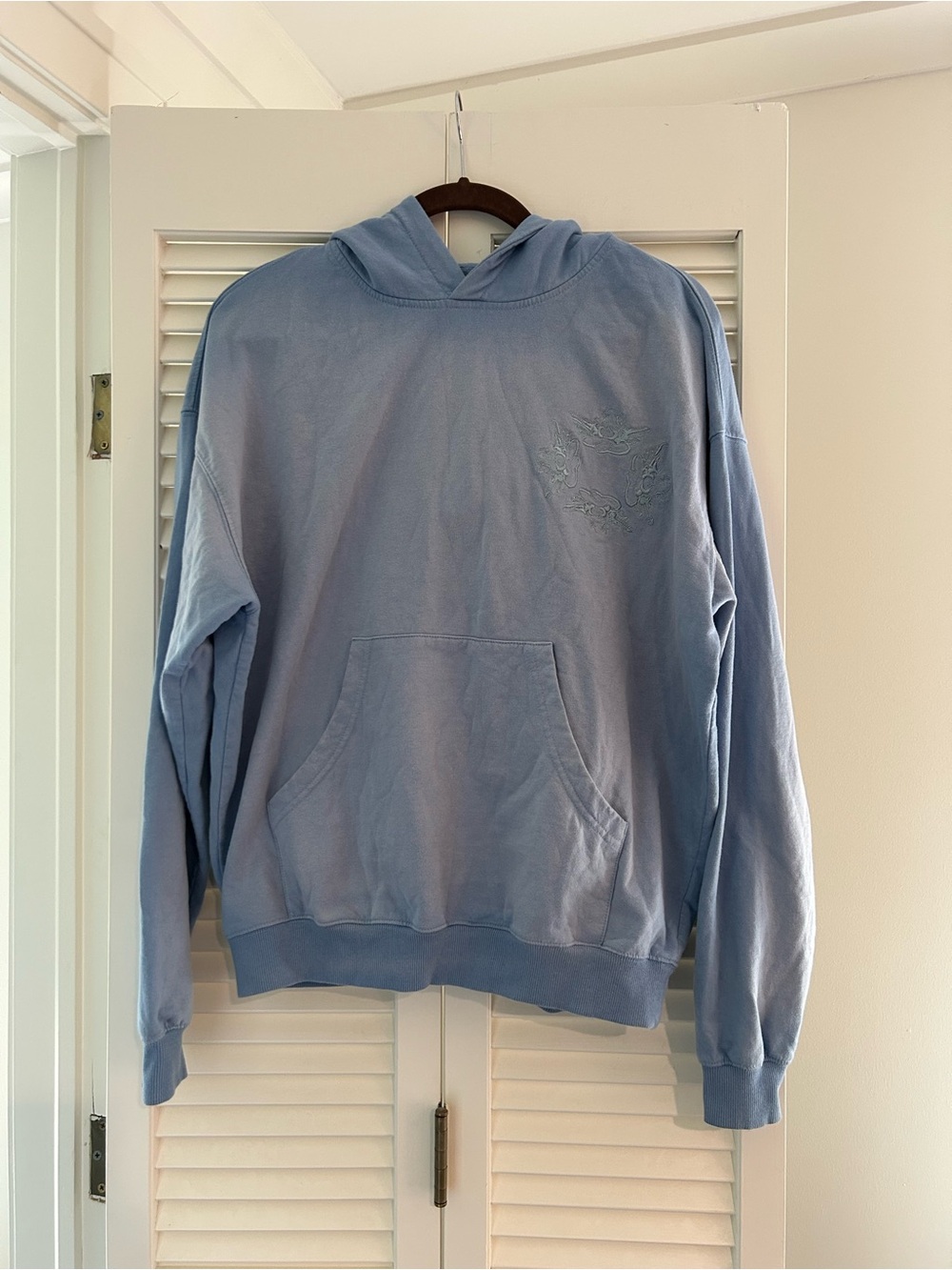 Boys Lie Hoodie XS S Light Blue Embroidered Cherub Angel Pullover Kangaroo